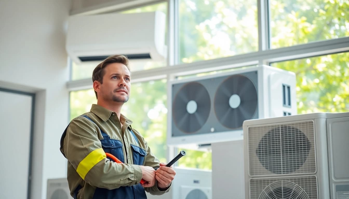 Efficient heating and cooling services technician inspecting modern HVAC unit in a sunny home.