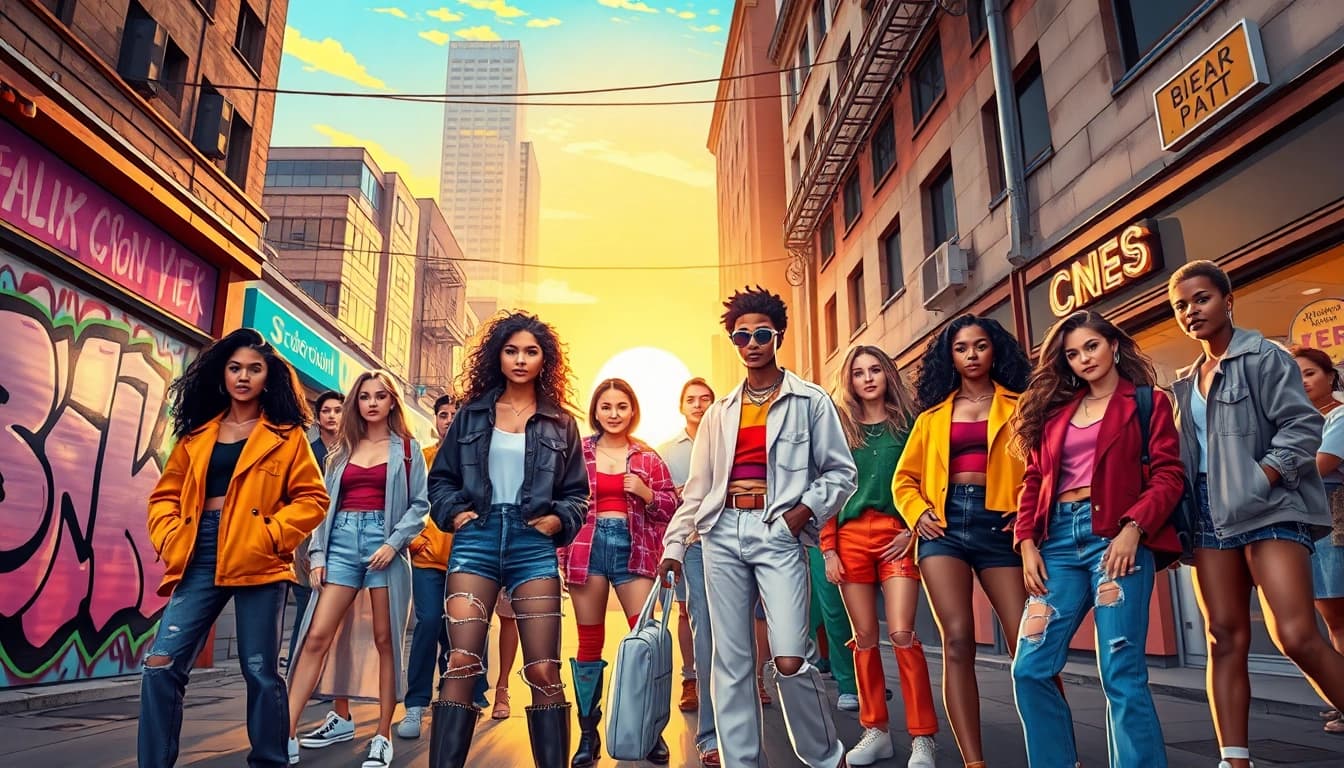 Showcasing diverse models in stylish outfits highlighting the spirit of Fashion in an urban setting.