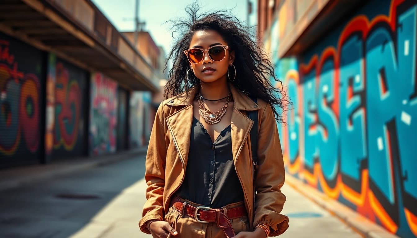 Model presenting vibrant Fashion attire against a colorful urban backdrop, showcasing bold styles.