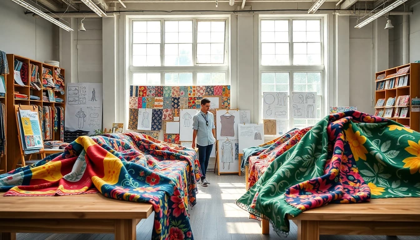Bekijk bedrukte stoffen kopen in een kleurrijke stoffenstudio met ontwerpschetsen