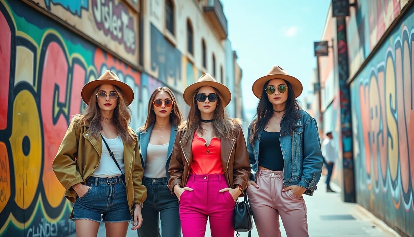 Women fashion display featuring stylish outfits in a vibrant urban setting, showcasing diversity and trendiness.