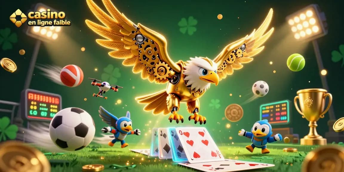 Jouer chez un casino en ligne fiable avec une illustration 3D d'un aigle doré futuriste et des éléments de jeu