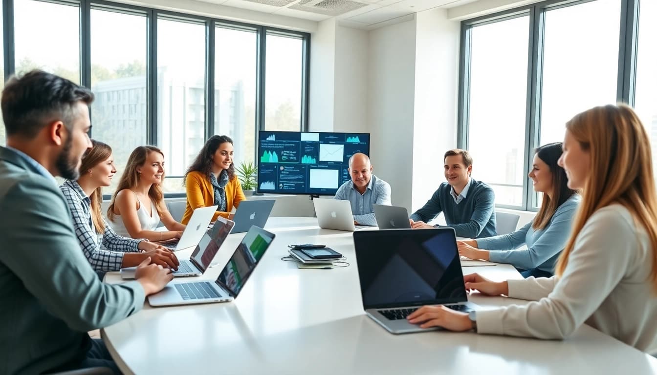Team brainstorming session for https://presshackers.com marketing strategy in a modern office