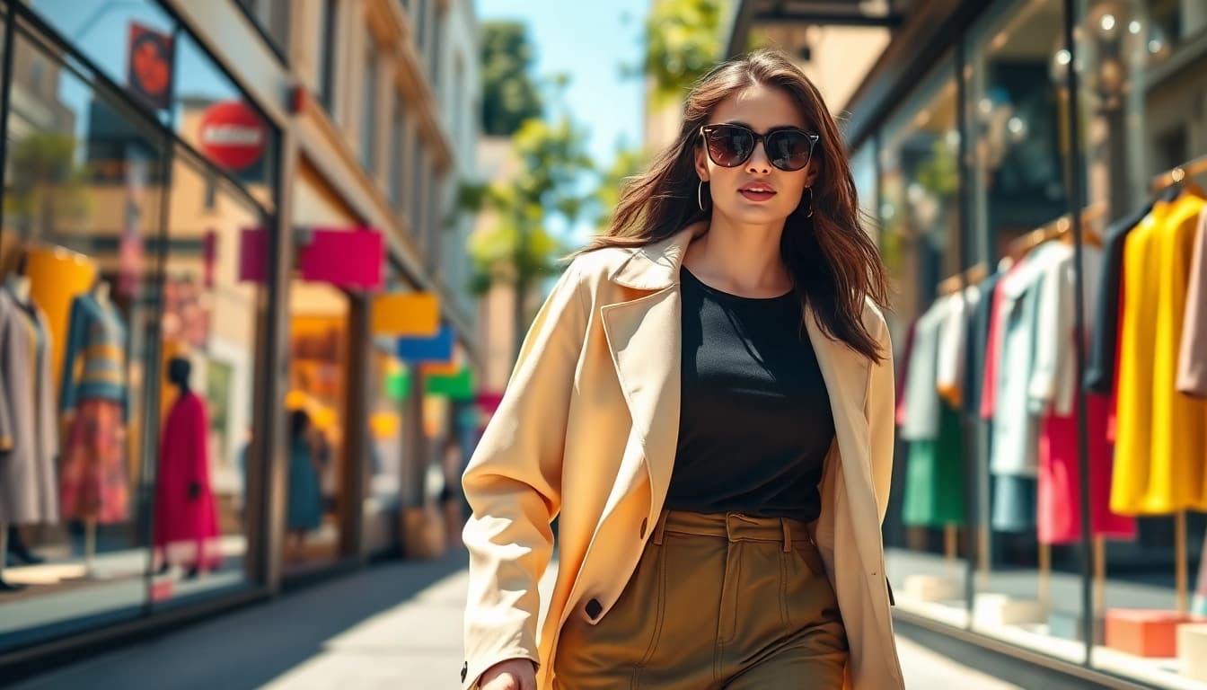 Fashionable woman confidently walking in a vibrant street, showcasing trendy clothing.