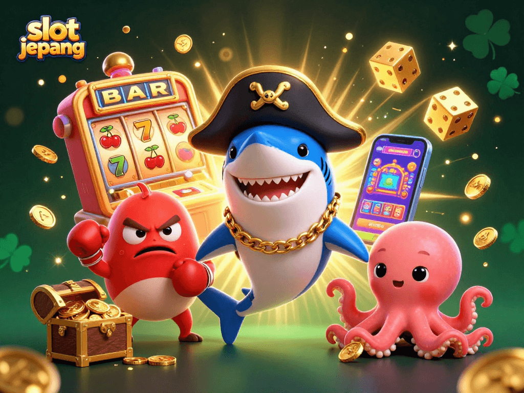 Experience thrilling slot jepang action with a pirate shark and casino elements in vibrant 3D art.