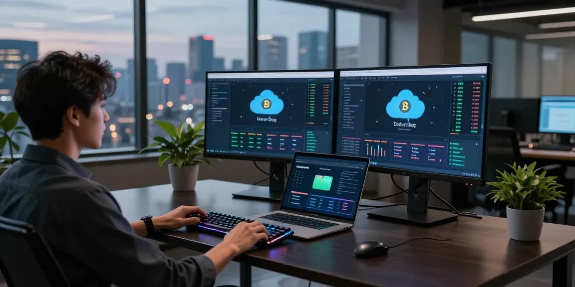 Cloud mining service interface on dual monitors in a modern cryptocurrency workspace, showcasing advanced trading analytics and real-time blockchain data.