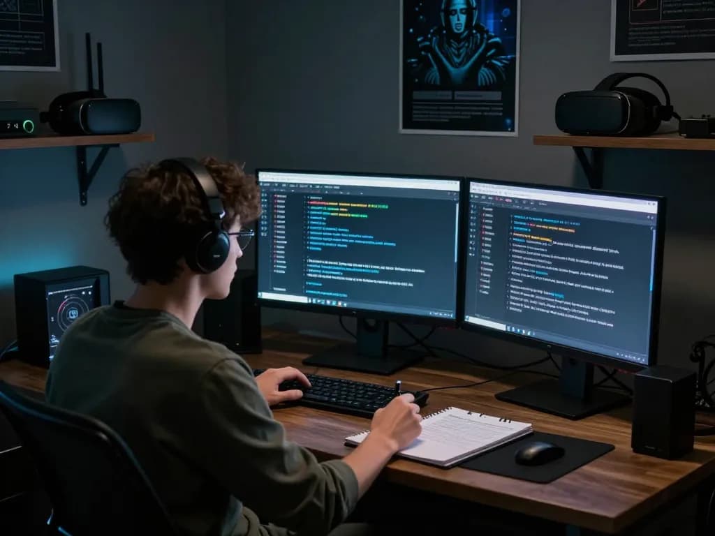 Person researching hidden wiki links in a dimly lit tech workspace with multiple screens.