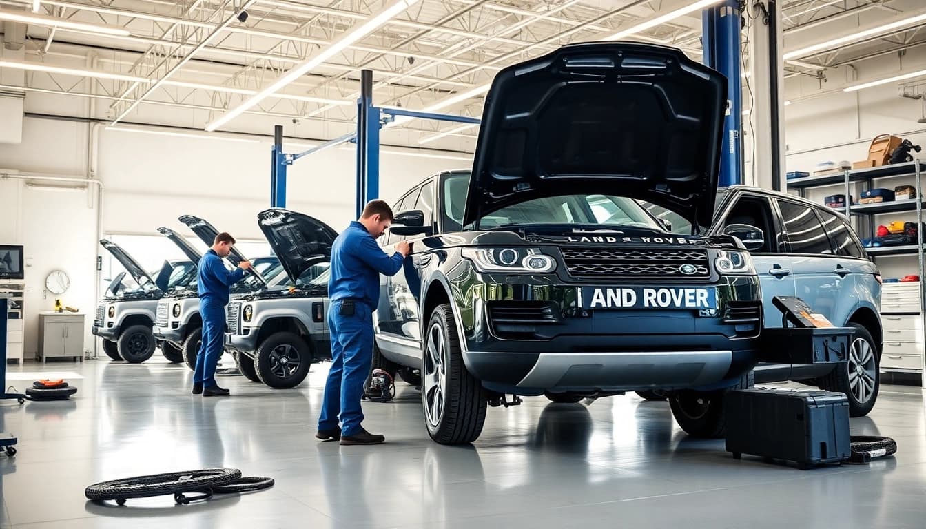 Technicians performing a Land Rover service in a bright, professional garage.