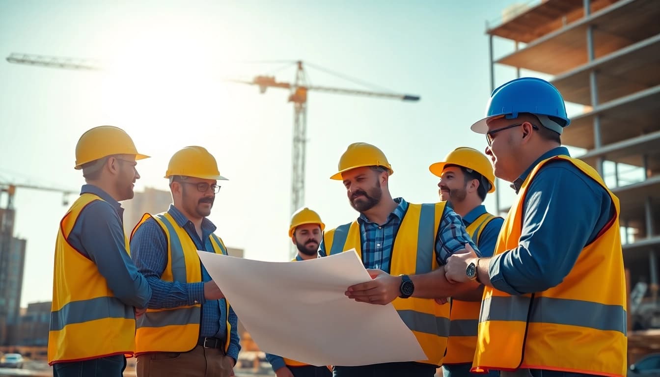 Highlighting teamwork among construction workers in North Carolina at a construction site, showcasing the construction association north carolina's commitment.