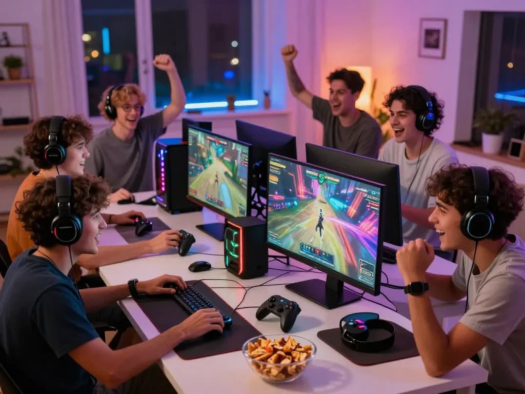 Friends enjoying intense gaming experience on vegasslot77 at home with vibrant lights and gaming gear