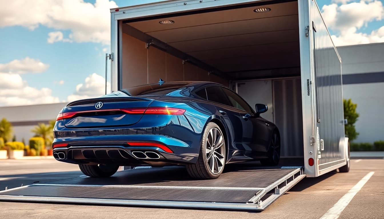 Transporting a luxury vehicle with enclosed auto transport services in a professional setup.