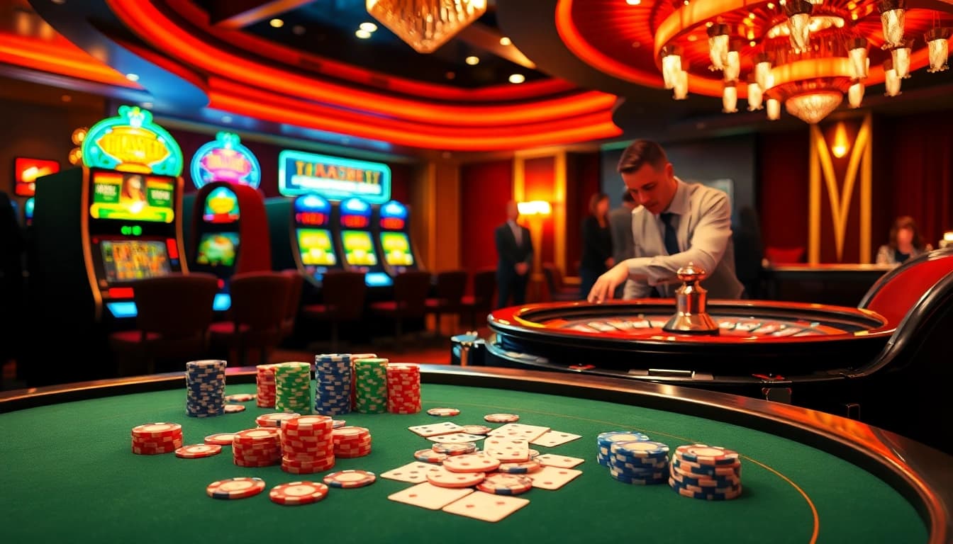 Experience exhilarating gaming moments at THABET with luxury casino tables and vibrant slot machines.