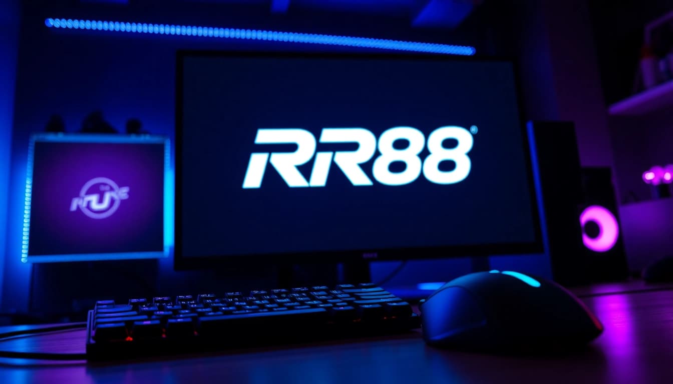 Showcase of a professional gaming setup with RR88 branding, inviting and energetic atmosphere.