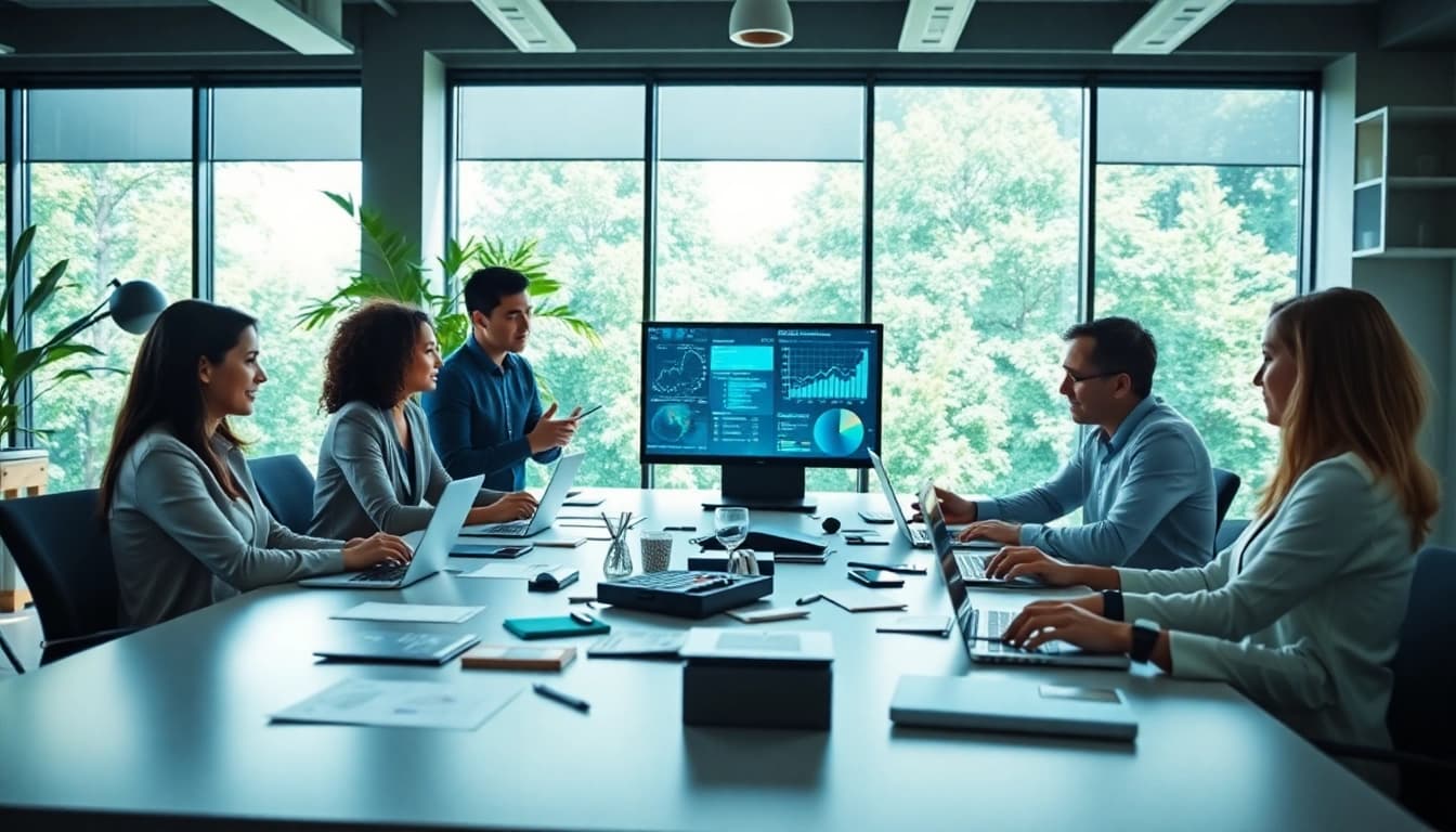 Professionals analyzing data with enterprise search software in a bright workspace.
