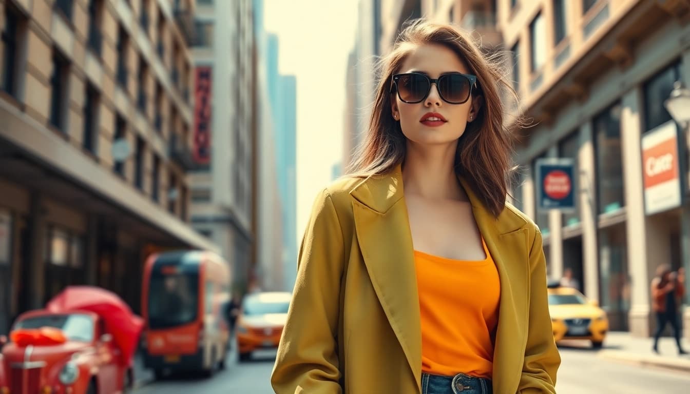 Fashion model showcasing vibrant trends in an urban setting with stylish accessories.