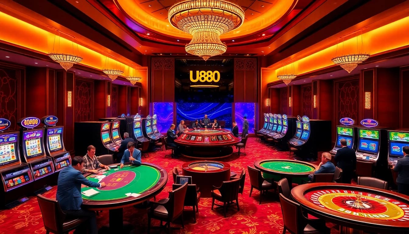 U888 online casino scene displaying vibrant gaming tables, luxury ambiance, and exciting gambling action.