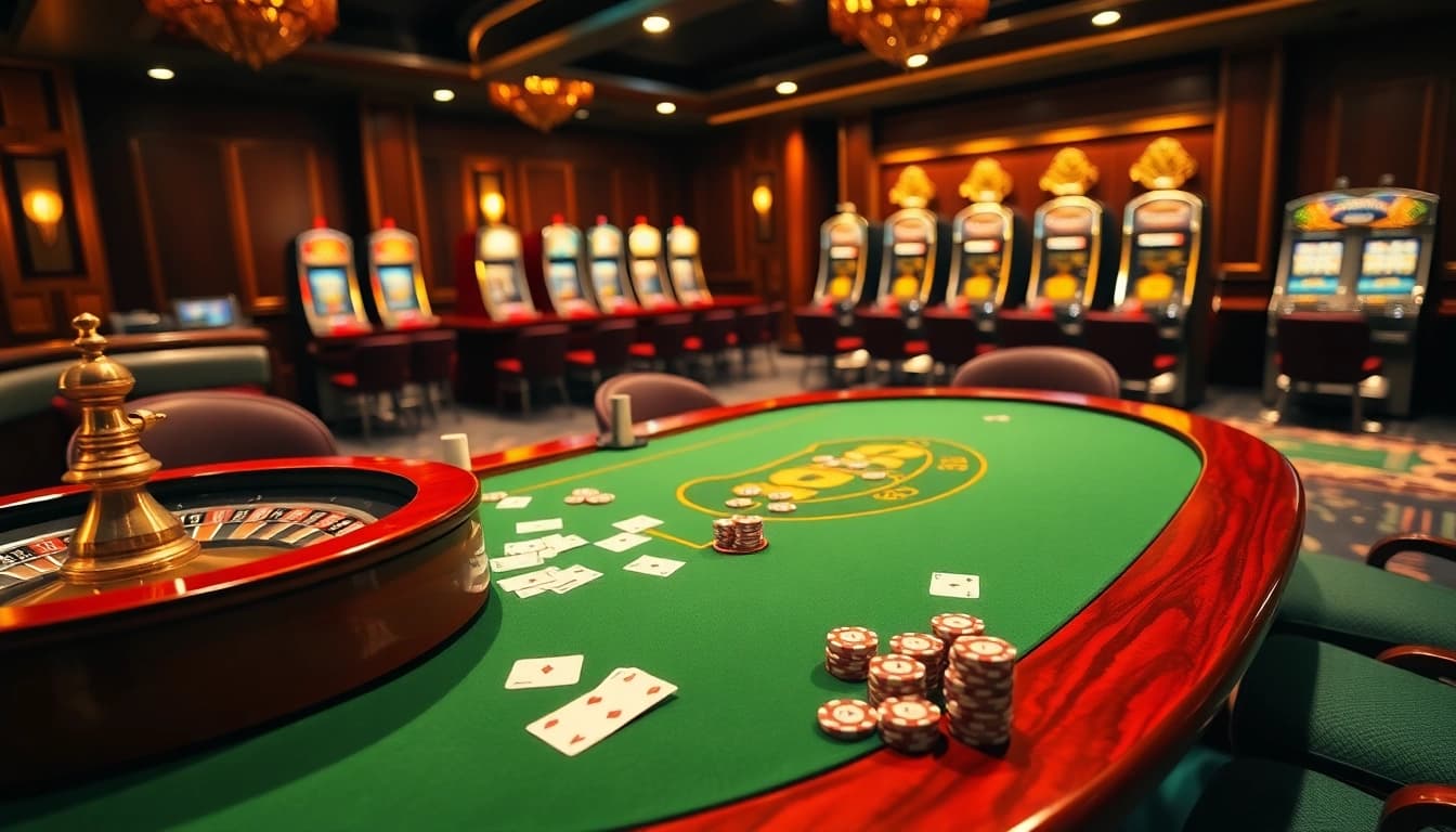 Rasakan sensasi Datuk Win di meja kasino yang elegan dengan chip poker dan kartu yang sedang dimainkan.