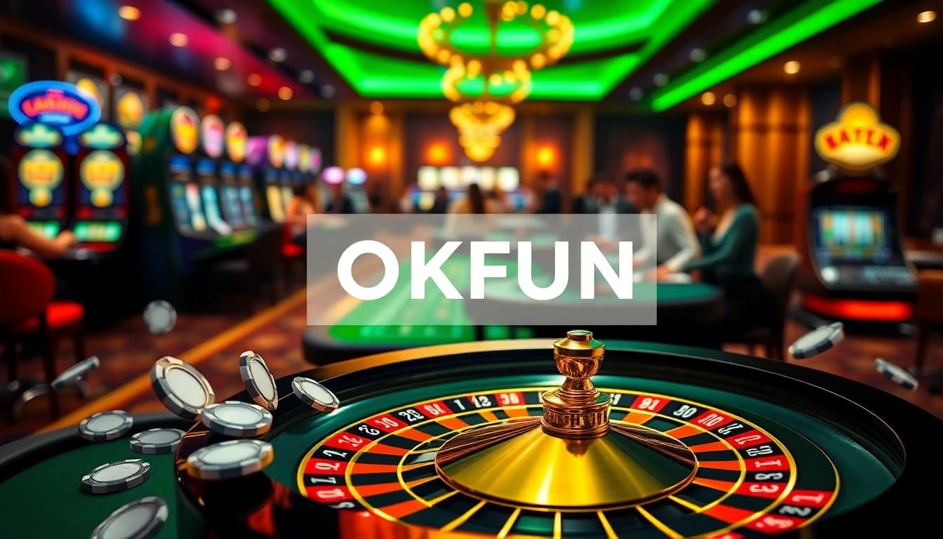 Engage with the OKFUN đăng nhập interface amidst a captivating casino atmosphere featuring roulette and poker elements.
