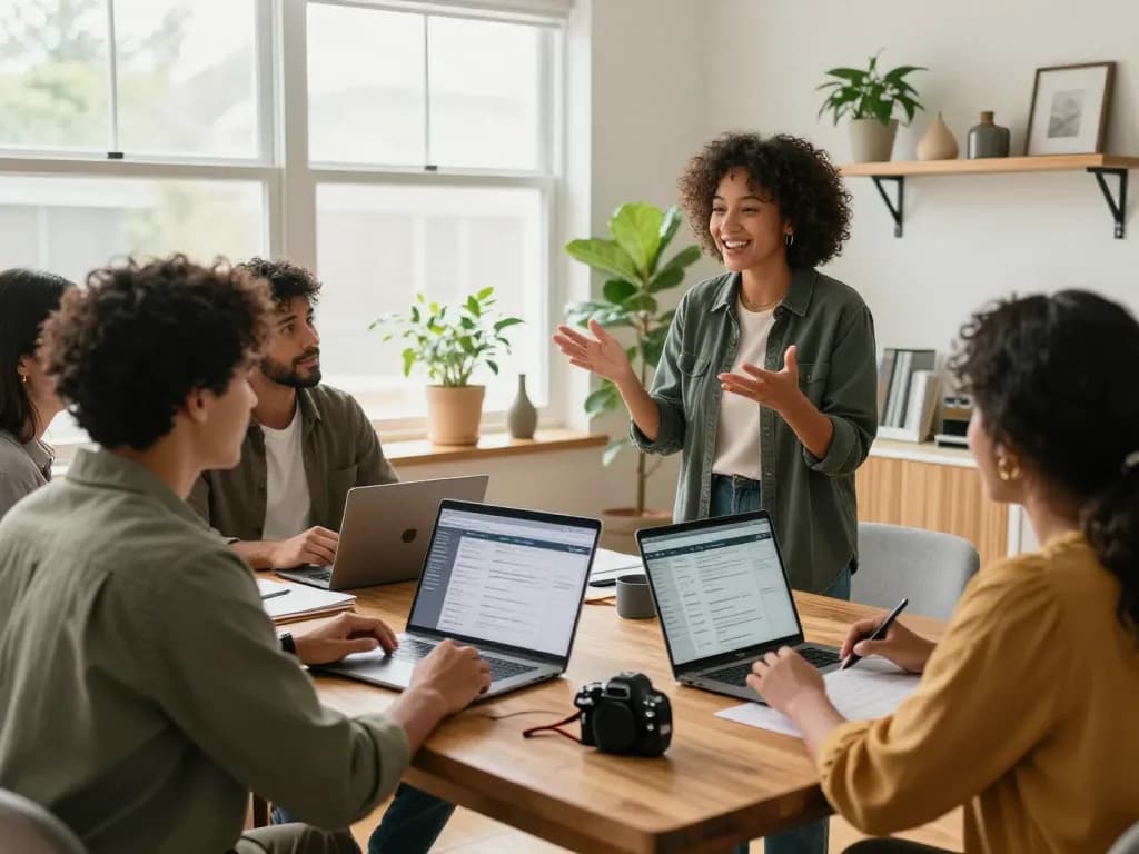 We buy houses discussion in a home office with real estate agent and homeowners.