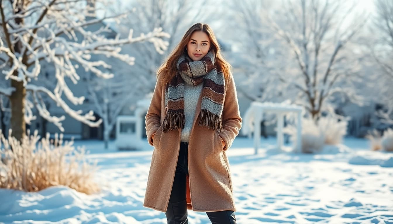 Showcase of winter fashion featuring a model in a stylish wool coat and scarf in a snowy setting.