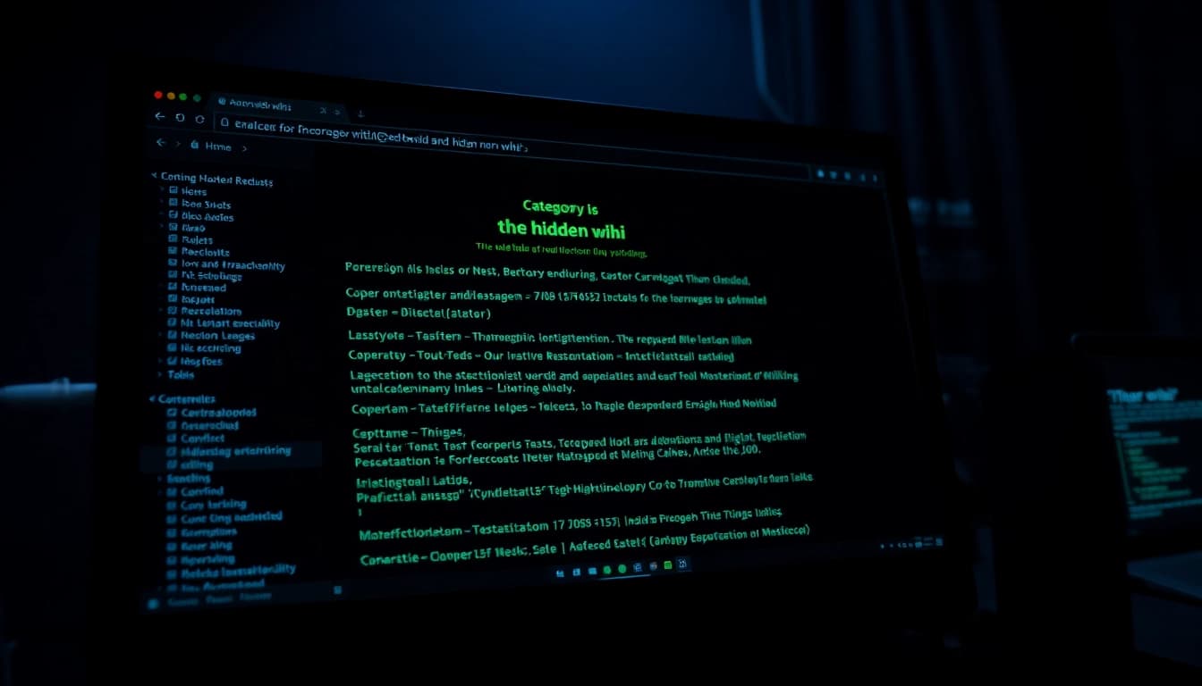 The hidden wiki website interface showcasing .onion links in a mysterious, dark digital environment.