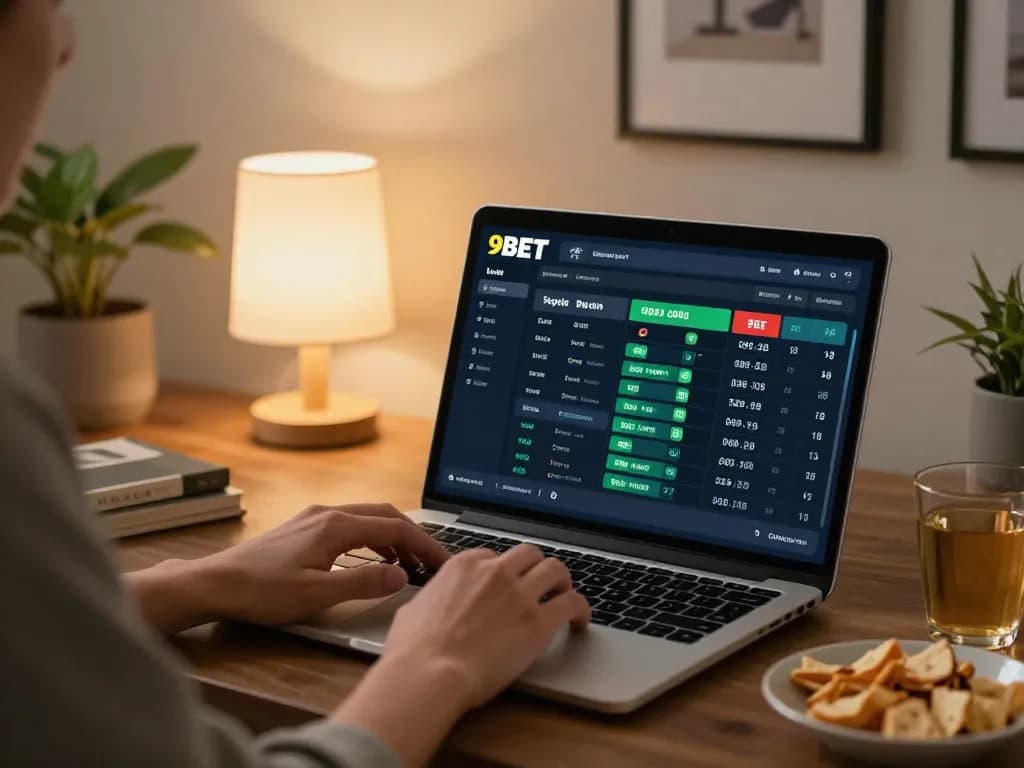 Person engaged in live betting on 9BET at home with cozy atmosphere