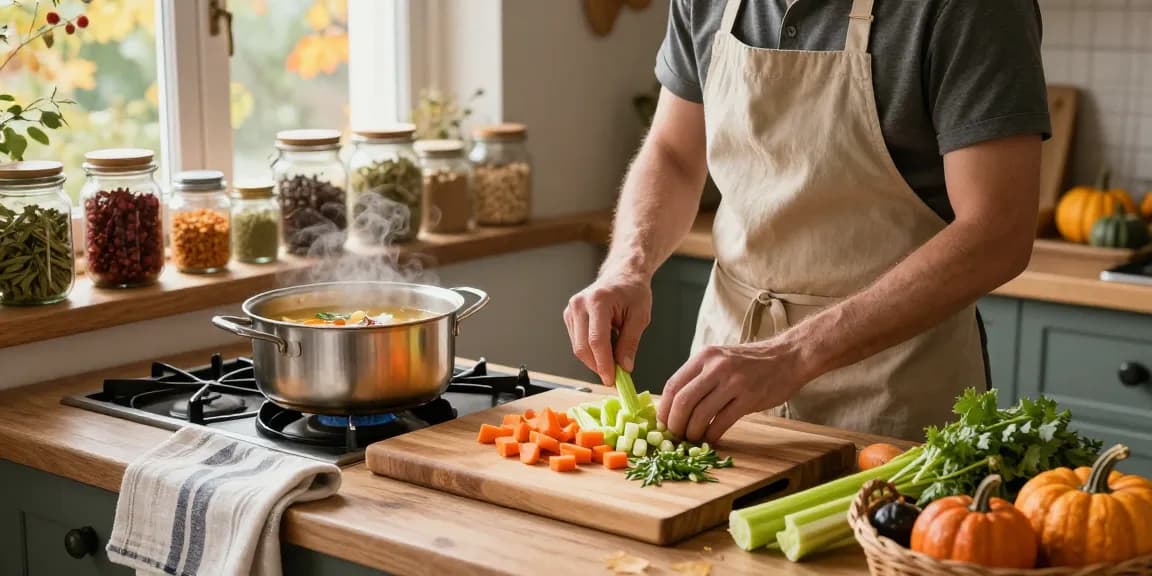 Die Zubereitung von Klare Suppe mit frischem Gemüse und Kräutern in einer gemütlichen Küche.