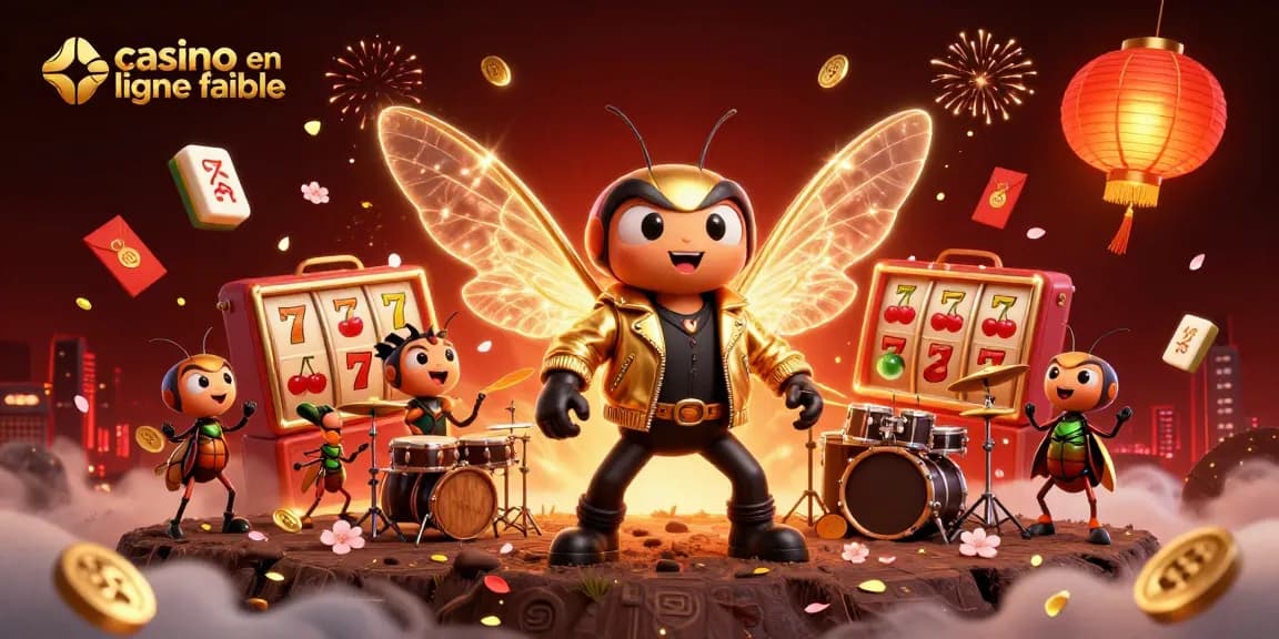 Illustration 3D dynamique, cicada rock star au casino en ligne fiable, entourée de machines à sous et lanternes