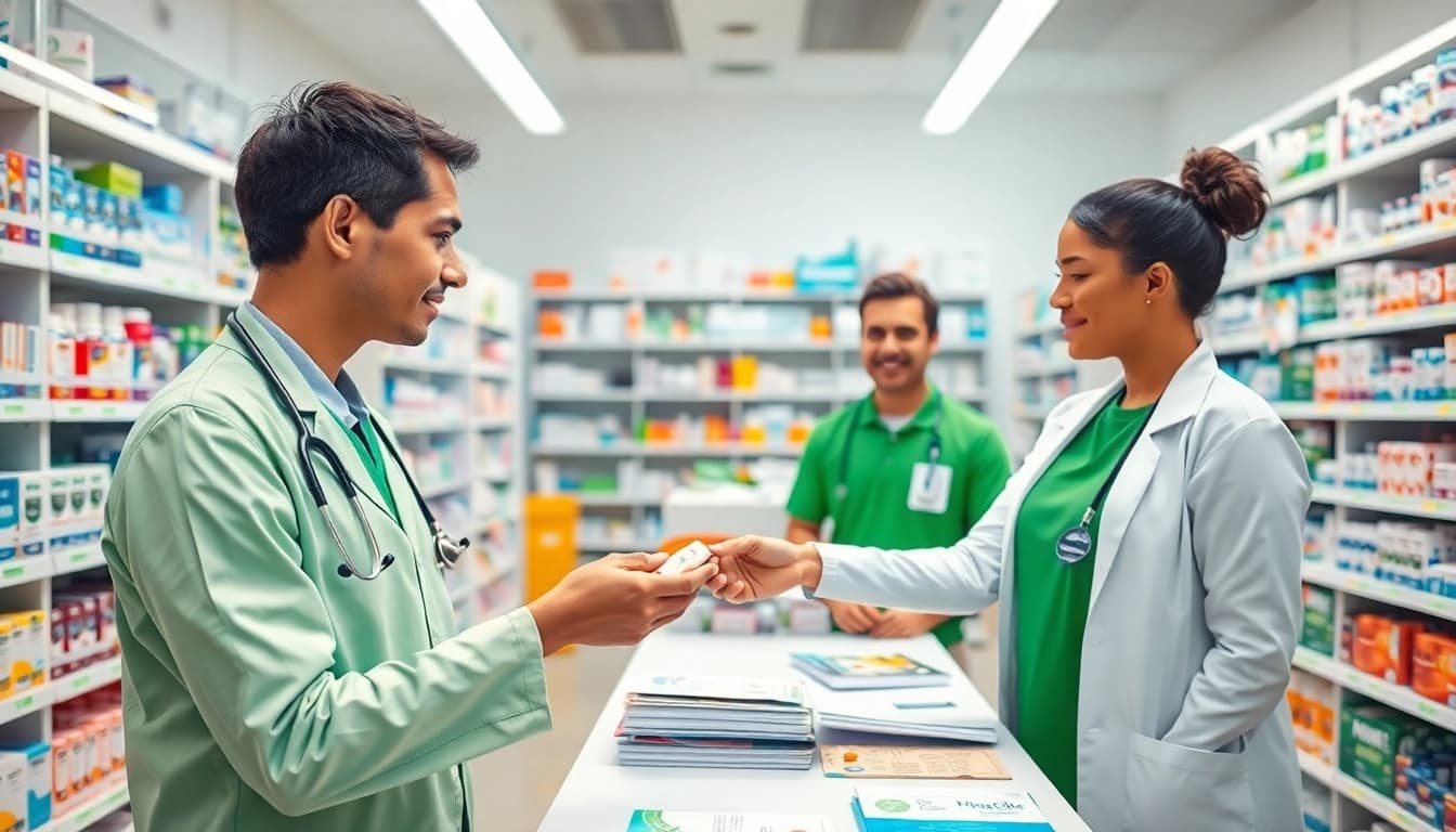 MediClick Pharmacy staff providing personalized assistance in a welcoming pharmacy environment.