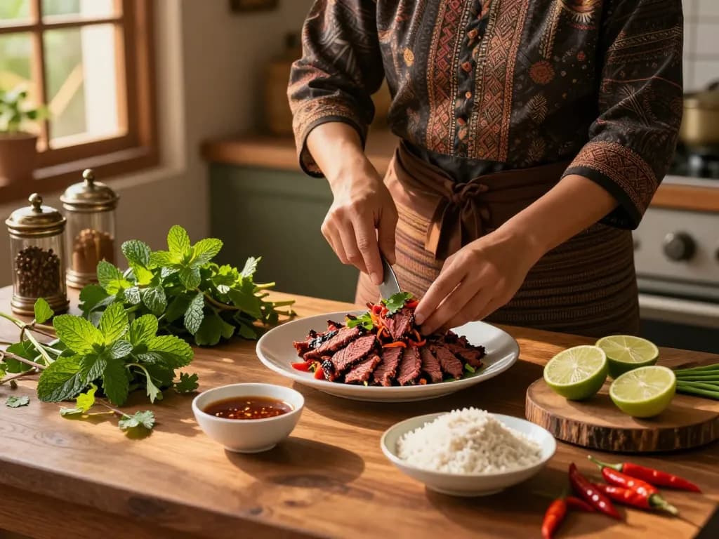 Delicious Thai beef larb recipe preparation in a warm kitchen with fresh herbs and grilled beef.