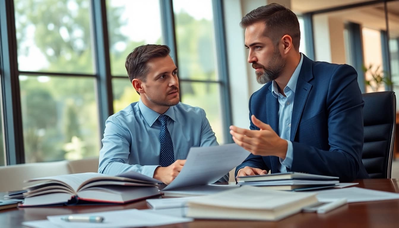 Engaged Fort Lauderdale workers compensation lawyer discussing a case with a client in an inviting office space.