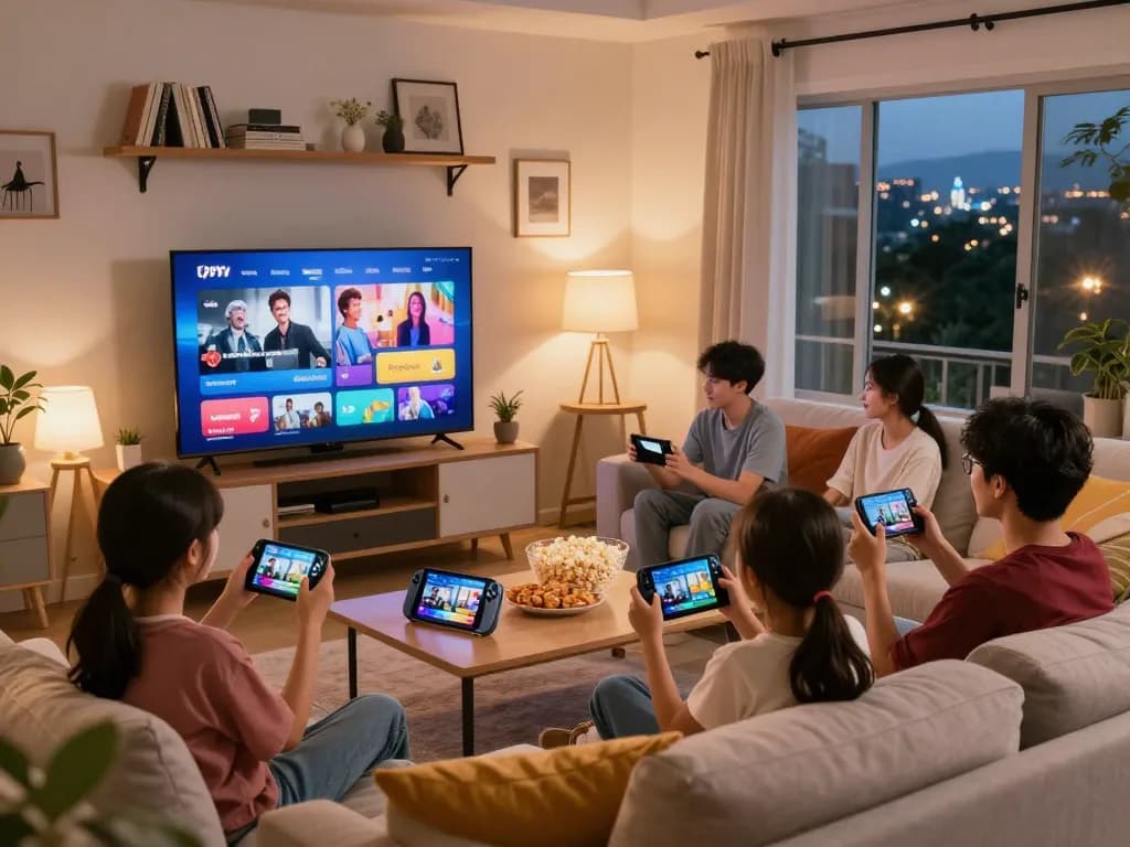 Profiter d'Atlas Pro IPTV dans un salon élégant avec des amis et de la famille autour d'une Smart TV.
