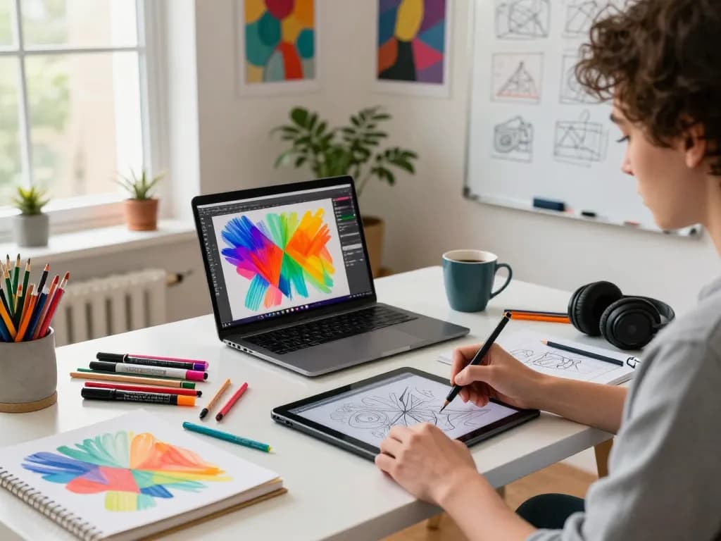 An artist in a vibrant creative workspace using an image to prompt on a digital tablet with colorful art supplies and natural light