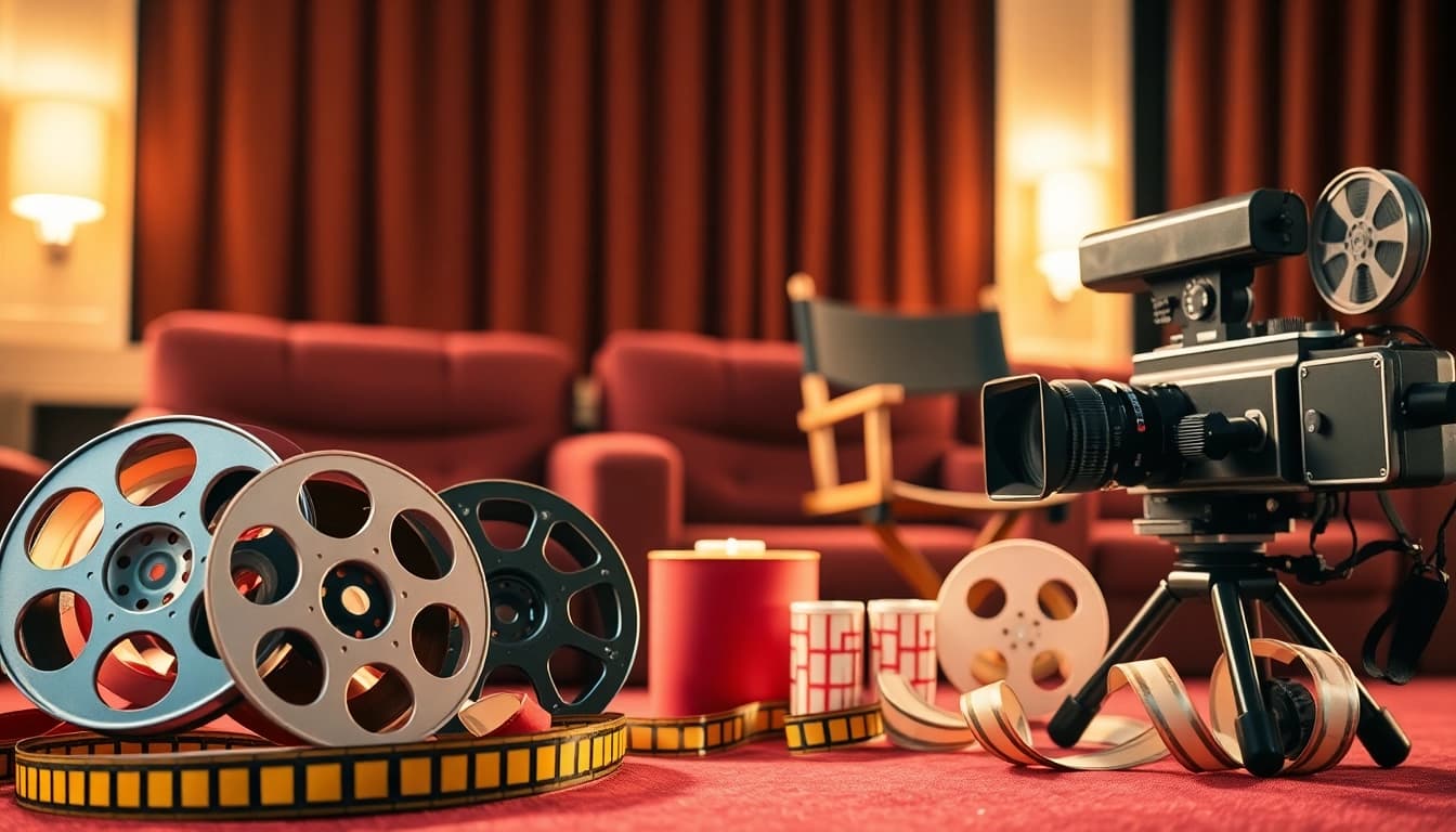 Experience https://bandarlayarkaca21.com with a cozy home theater setup featuring iconic cinema elements.