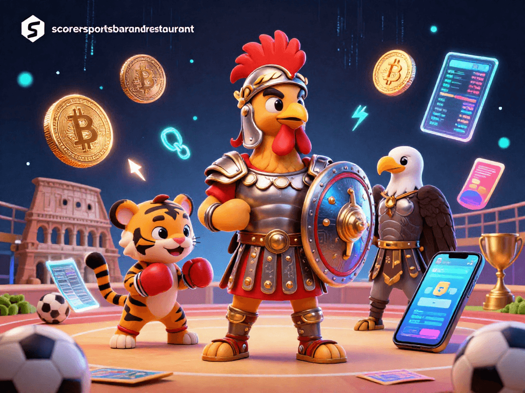 Bet on exciting games at scorerssportsbarandrestaurant with a dynamic illustration of sports elements and characters.