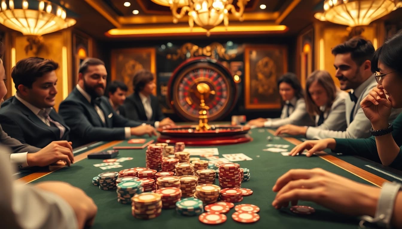 Engaging poker scene at a luxury casino highlighting Trang chủ OK8386 with vibrant chips and cards.