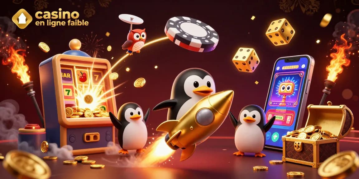 Découvrez une scène de jeu captivante avec un pingouin doré propulsé par fusée dans un casino en ligne fiable.