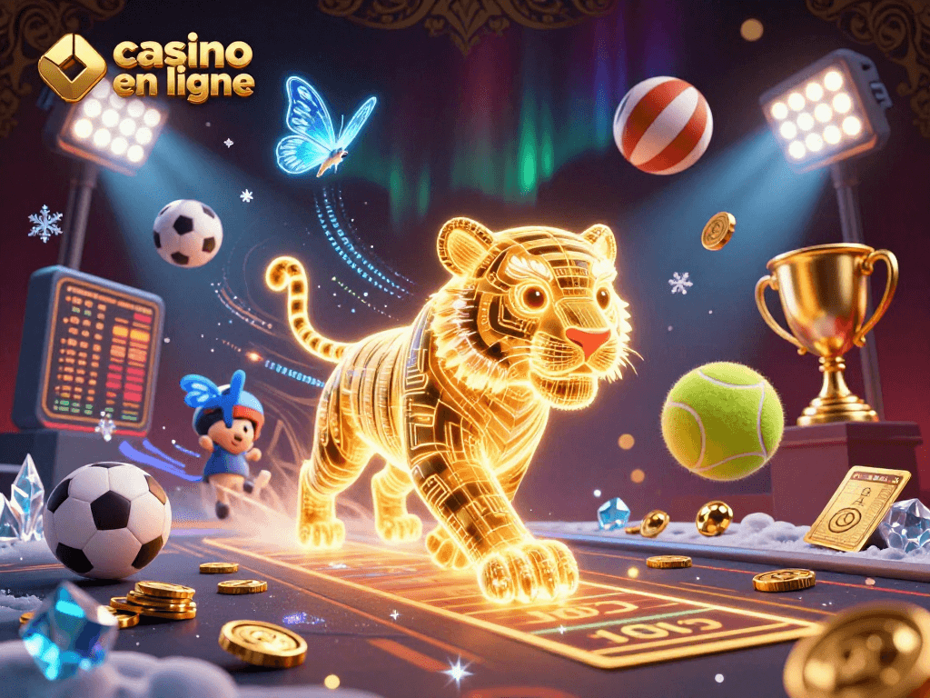 Gagnez en jouant au casino en ligne, avec un tigre doré lumineux et des ballons sportifs qui volent autour.