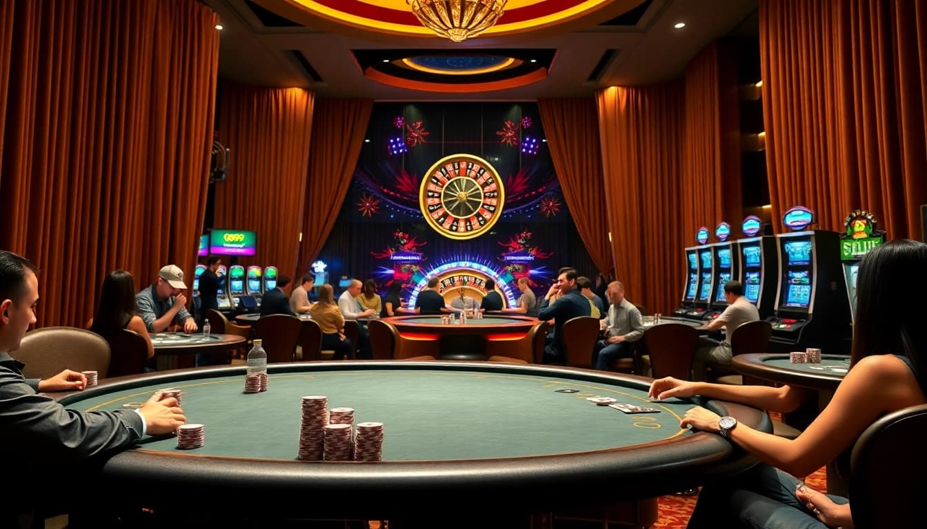 Go99 casino scene with players enjoying poker and vibrant slot machines.