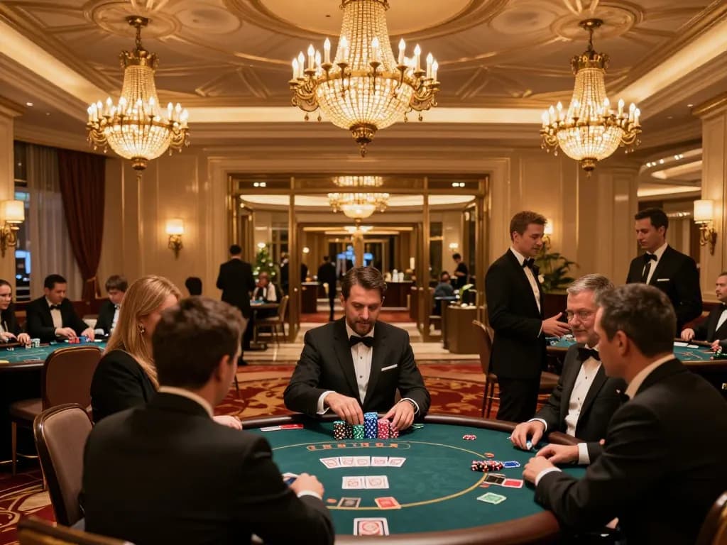 Experience high-stakes gaming at https://va88.moe/ with guests enjoying poker tables in a luxurious casino lobby