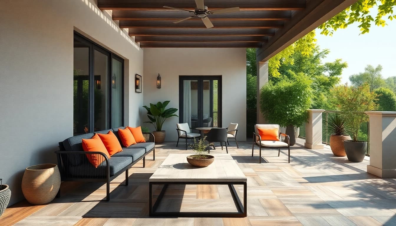 Belle terrasse extérieure avec des carreaux de carrelage extérieur élégants, verdure accueillante et mobilier moderne.
