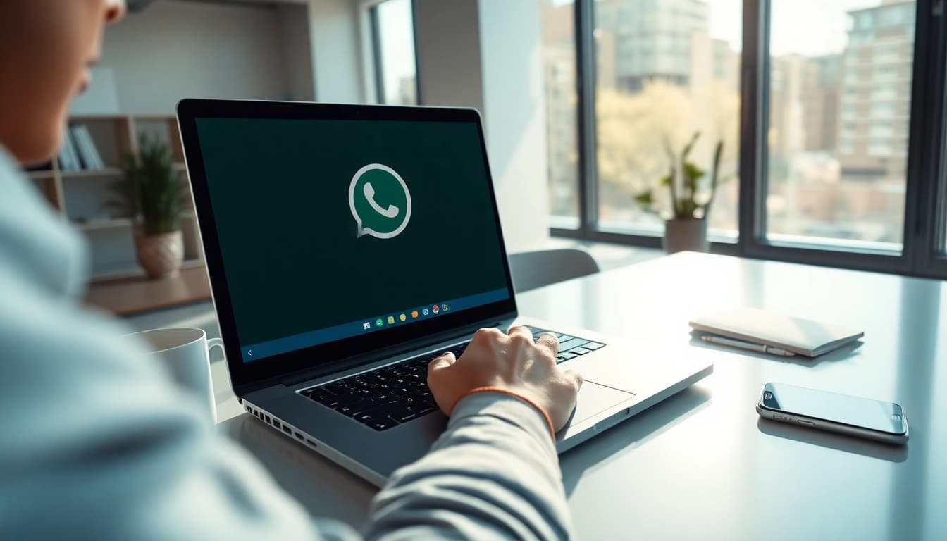 在工作中使用 WhatsApp网页版通过现代笔记本电脑进行沟通的用户。