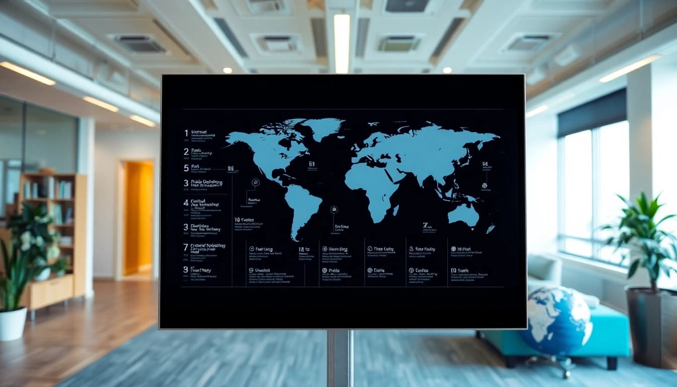 Showcase the global business directory interface in a modern workspace environment.