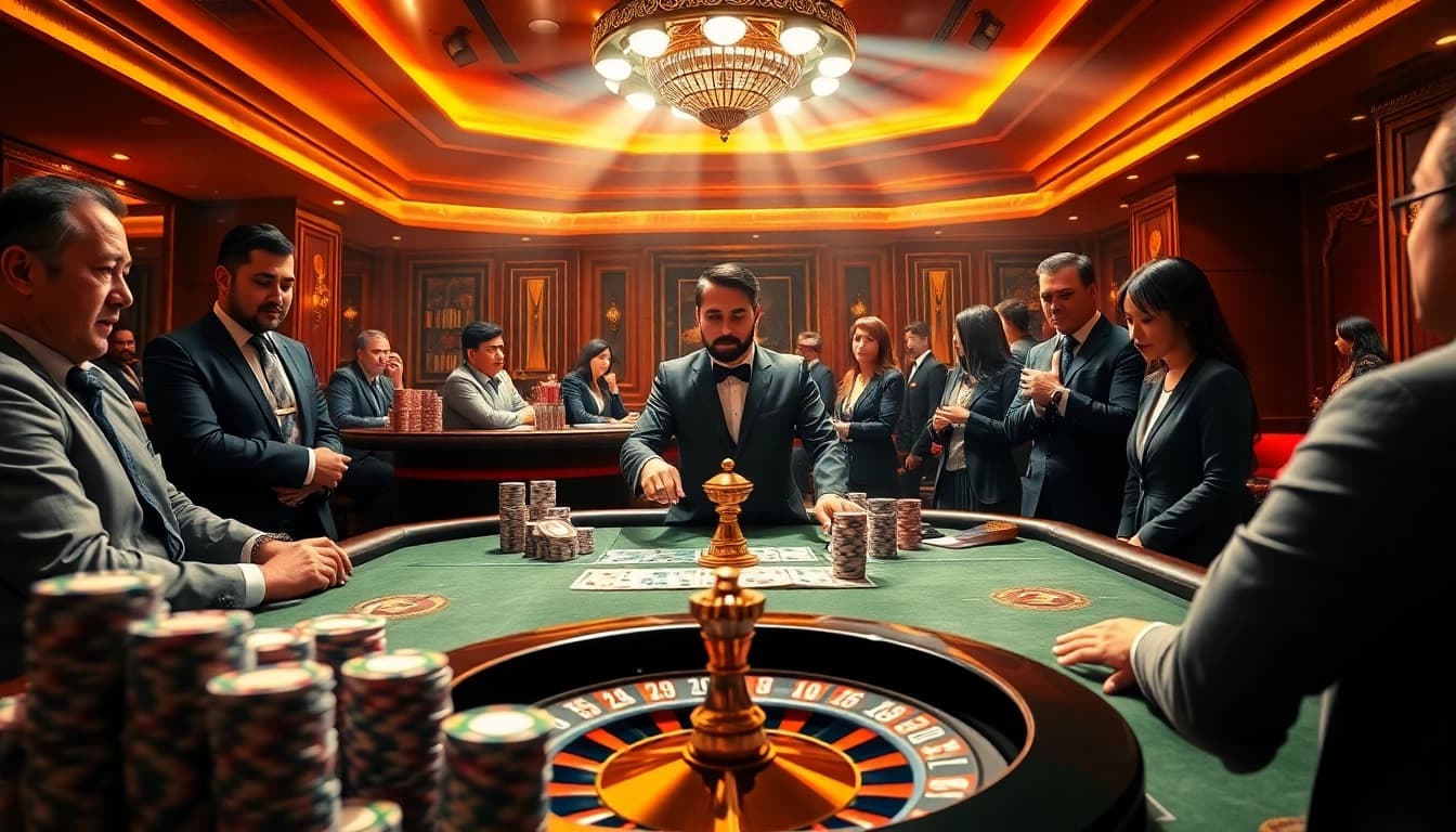 Play intense poker at xx88's lavish casino tables surrounded by eager players.