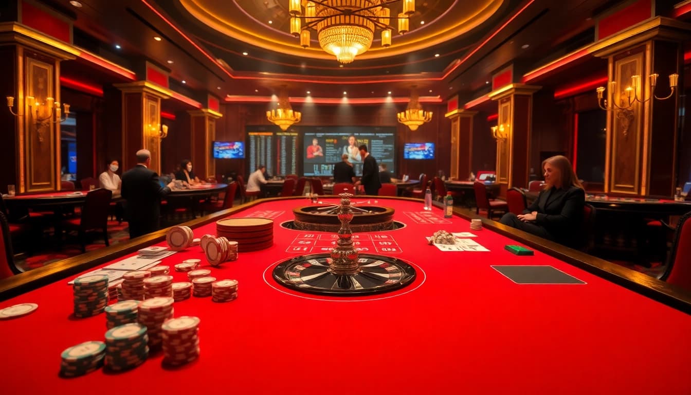 Engaging gaming scene at new88 casino with poker chips and a roulette wheel.