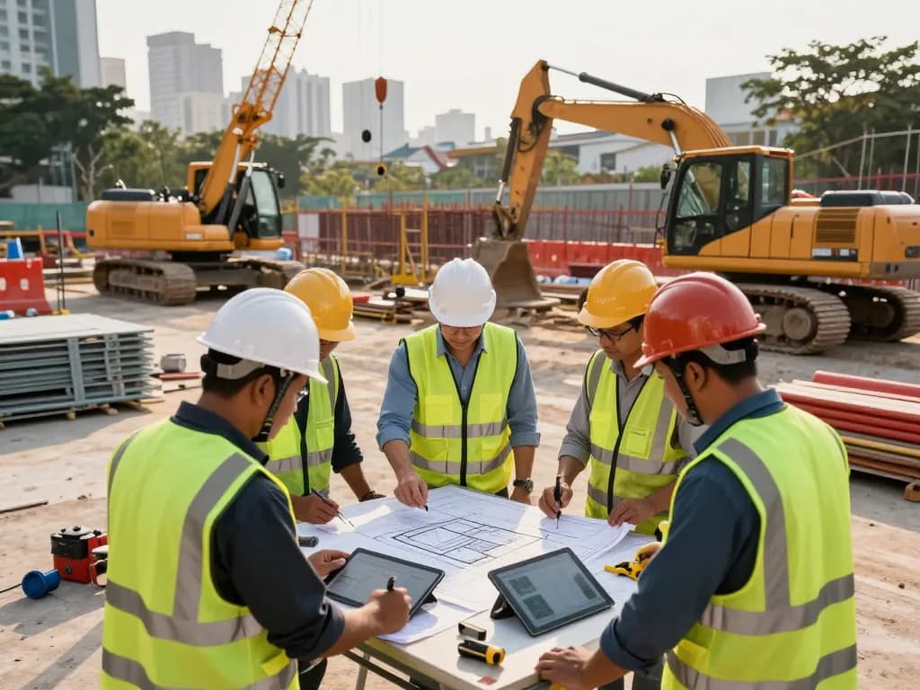Construction workers collaborating on bóc plastic hà nội project in Hanoi, bustling site with machinery and safety gear.