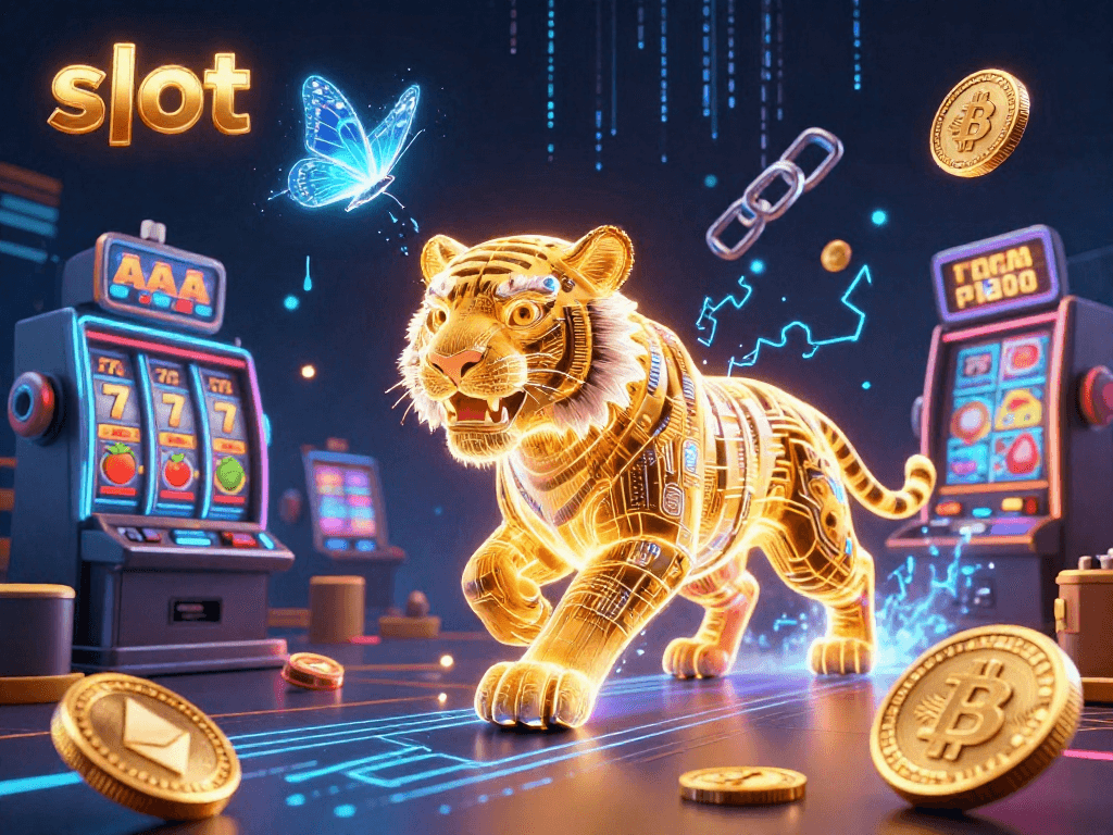 Slot gacor yang menarik di dunia kasino digital dengan simbol keberuntungan dan elemen kripto.