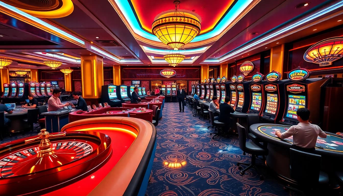 Experience the excitement of 9WIN casino with vibrant tables, enthusiastic players, and glamorous surroundings.