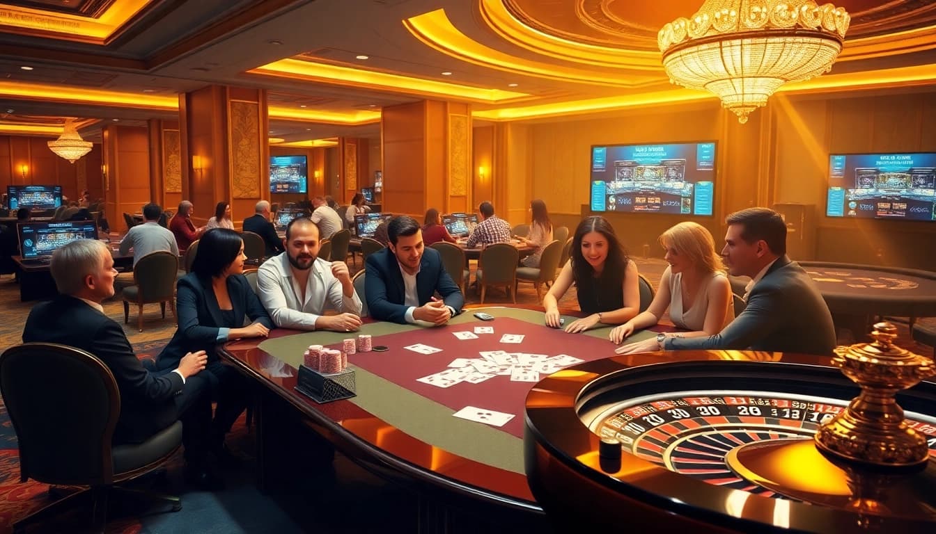 Découvrez l'excitation des casinos en ligne avec des joueurs profitant du poker à une table de jeu de luxe.