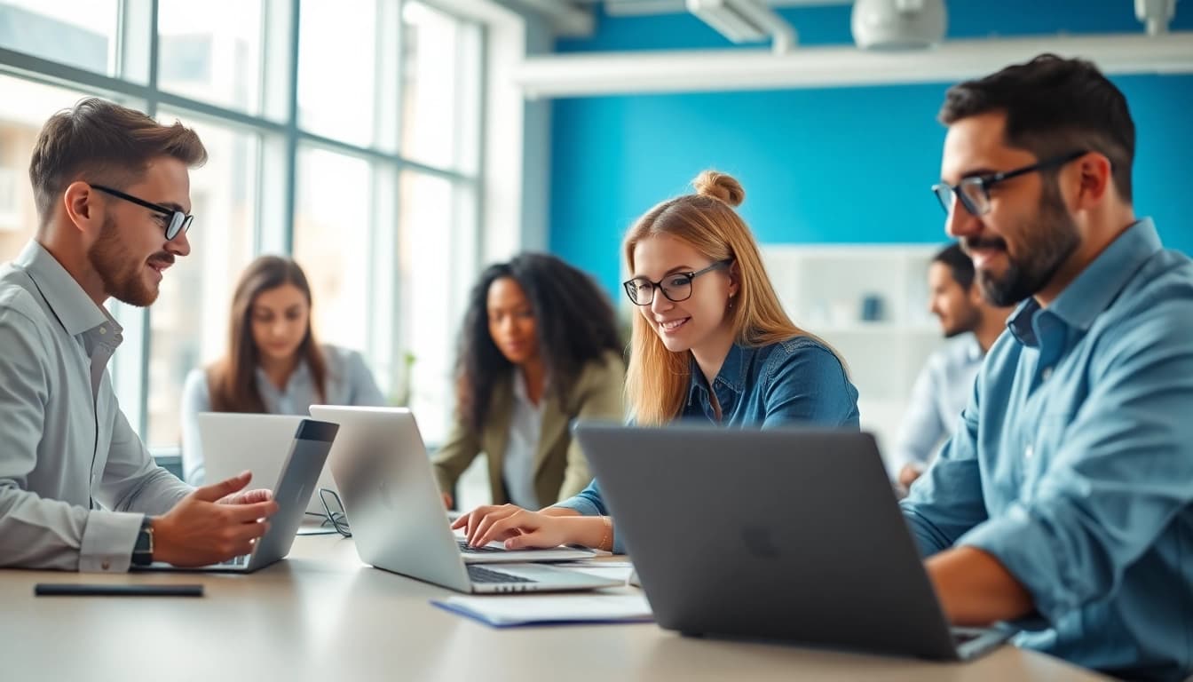 Dynamic team from a web development company collaborating on a project in a modern office.